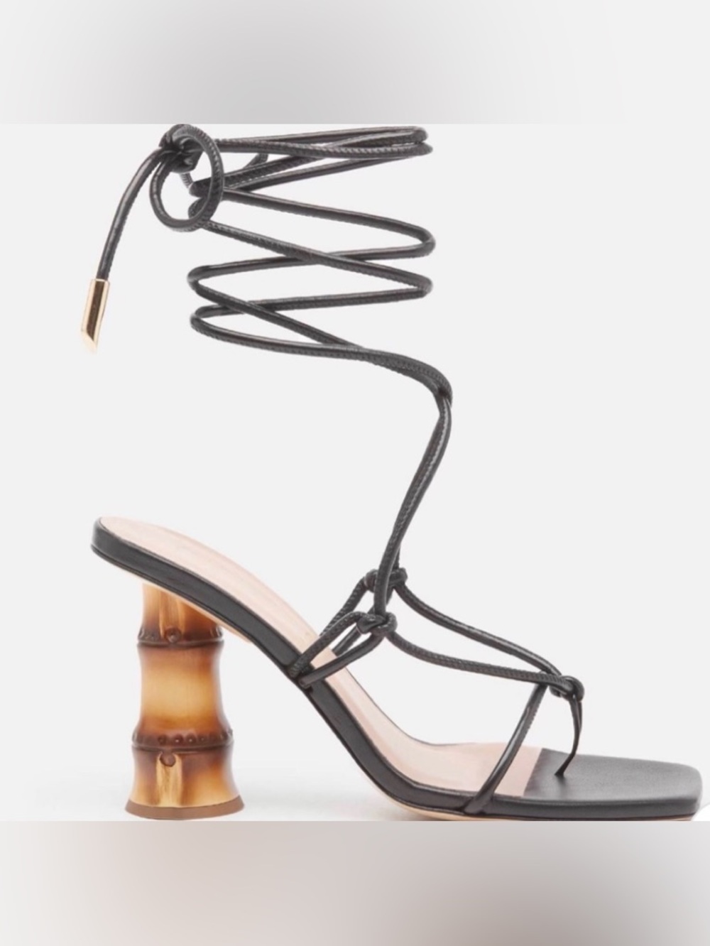 GIA Couture Black Strappy Lace-Up Sandal with Sculpted Bamboo Heel